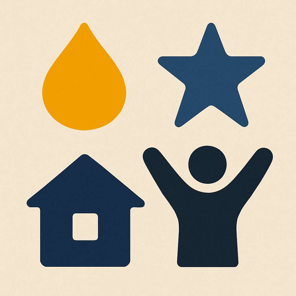 Icons such as a water droplet, star, house, and human figure in a minimalist style, symbolizing nonprofit missions and values.