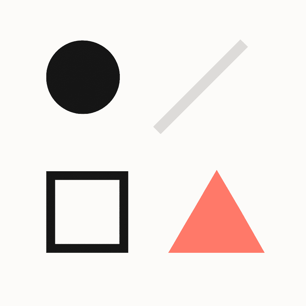 A minimalist layout featuring clean geometric shapes—circle, line, square, and triangle—emphasizing simplicity and balance.