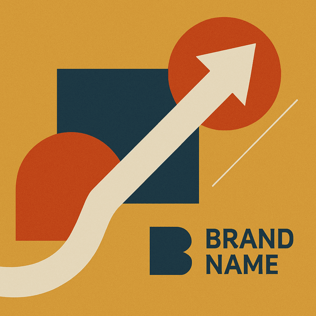 A dynamic design showing evolving logo elements with arrows, curves, and layered shapes reflecting brand growth and adaptability.