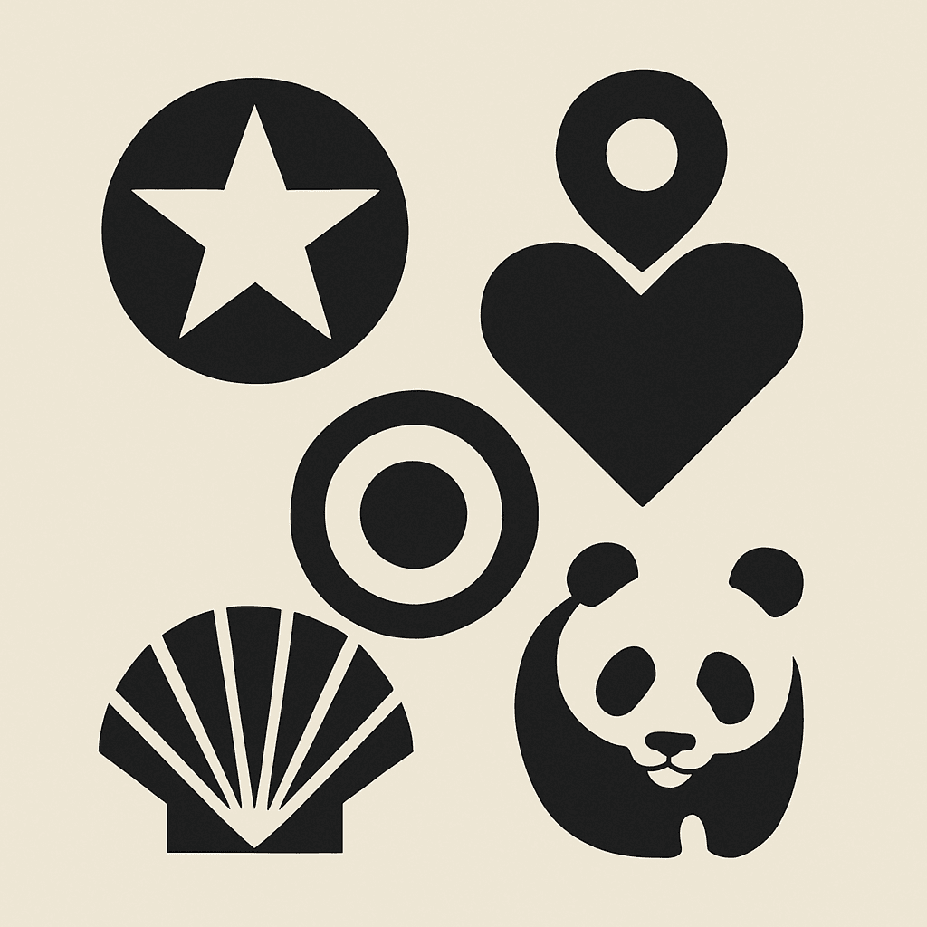 An abstract grid of bold symbols including a star, heart, shell, target, and panda, illustrating symbolic elements in branding.