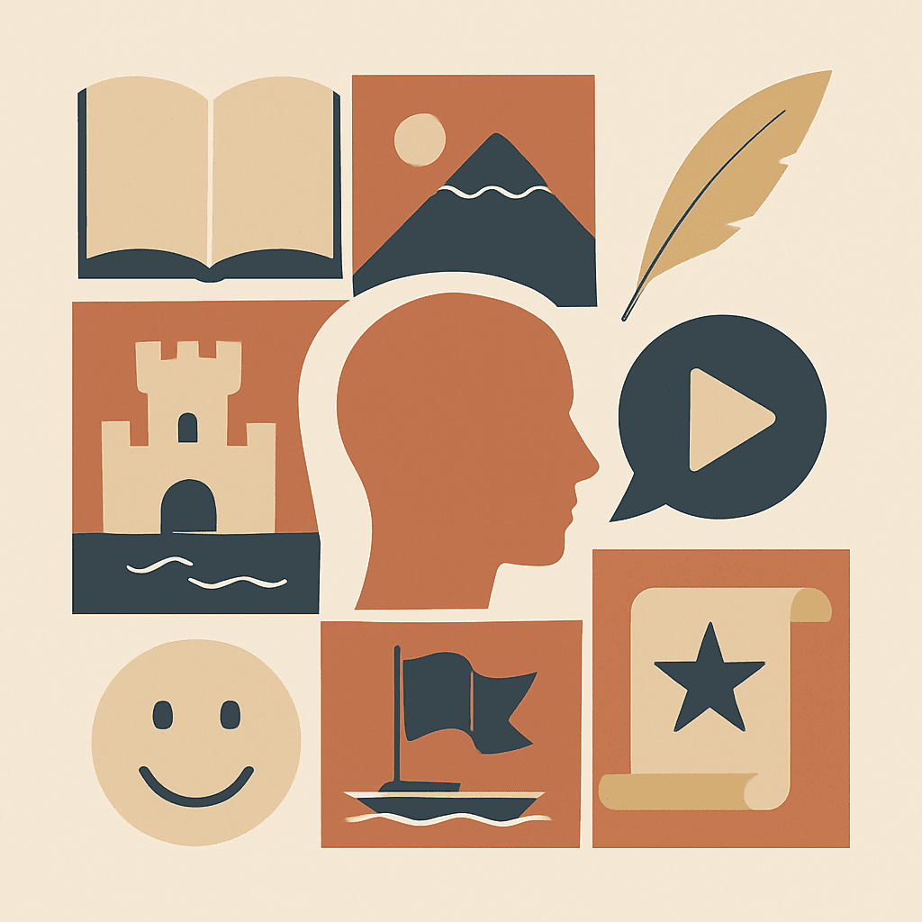 A collage of storytelling-inspired icons like a book, mountain, and quill, representing narrative elements in logo design.